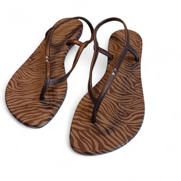 Grendene “Weekend” Brown Tiger-Stripe Flip Flops Size 7M Made in Brazil - Picture 2 of 11